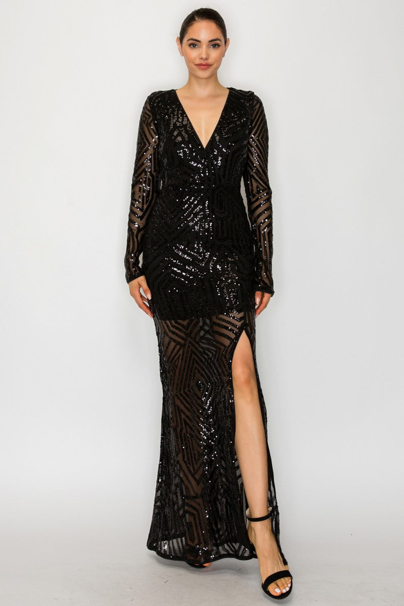 Black Sequin Wrap Dress