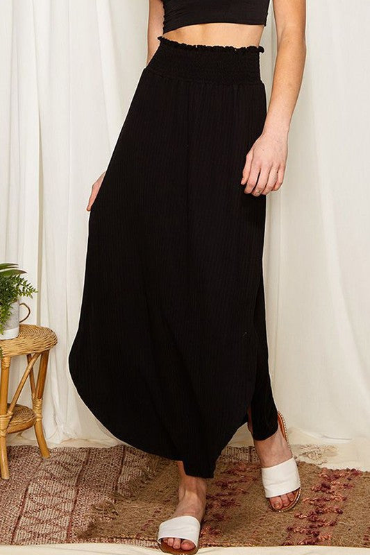 Black Smocked High Waist Maxi Skirt w/ Slit