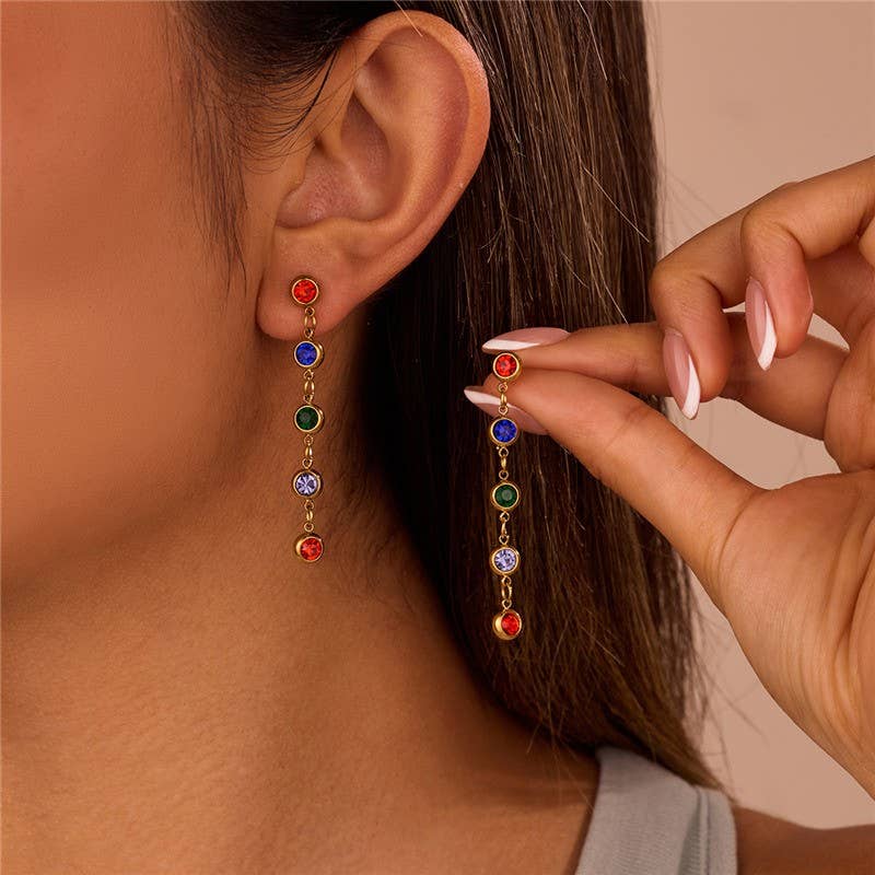18K STAINLESS STEEL RAINBOW GEM LINEAR EARRINGS