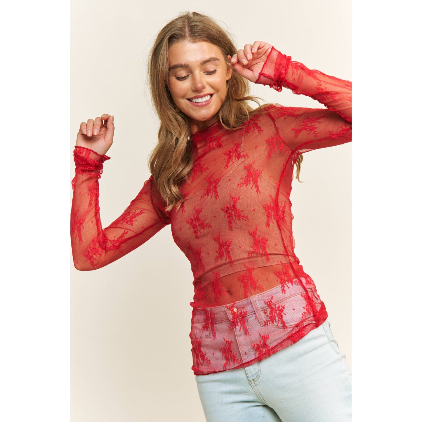 Red Sheer Lace Layering Top