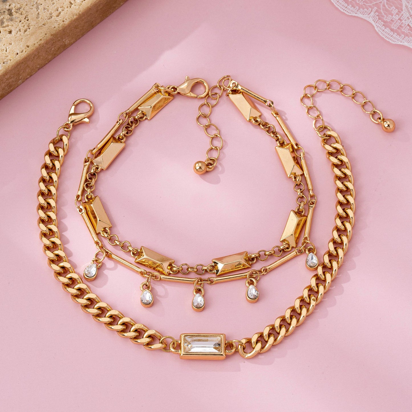 Gold Multi-Chain Crystal Drop Layered Bracelet