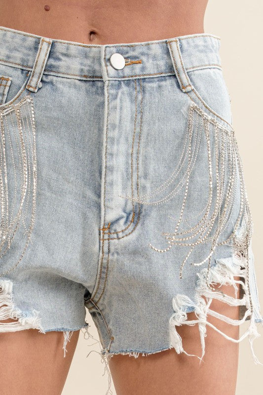 Rhinestone Fringe Denim Shorts