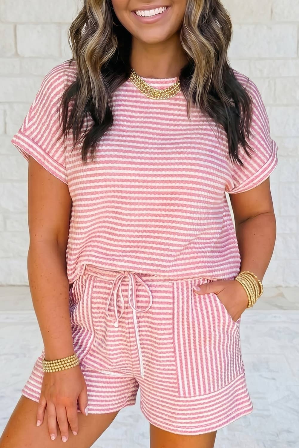 Striped Textured Knit Top and Short 2pc Set