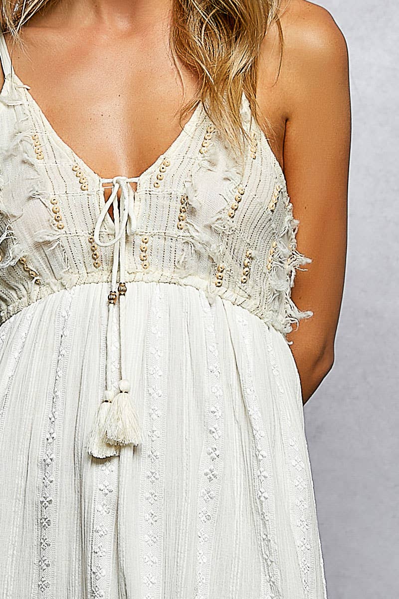 Tassel Trim Wooden Bead Smocked Dress