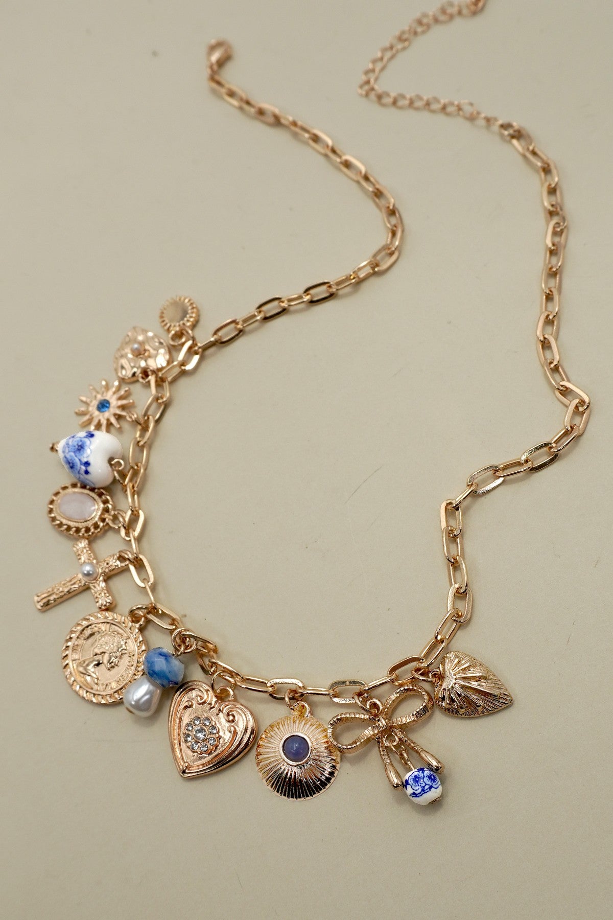 Gold Charm Necklace With Blue accents