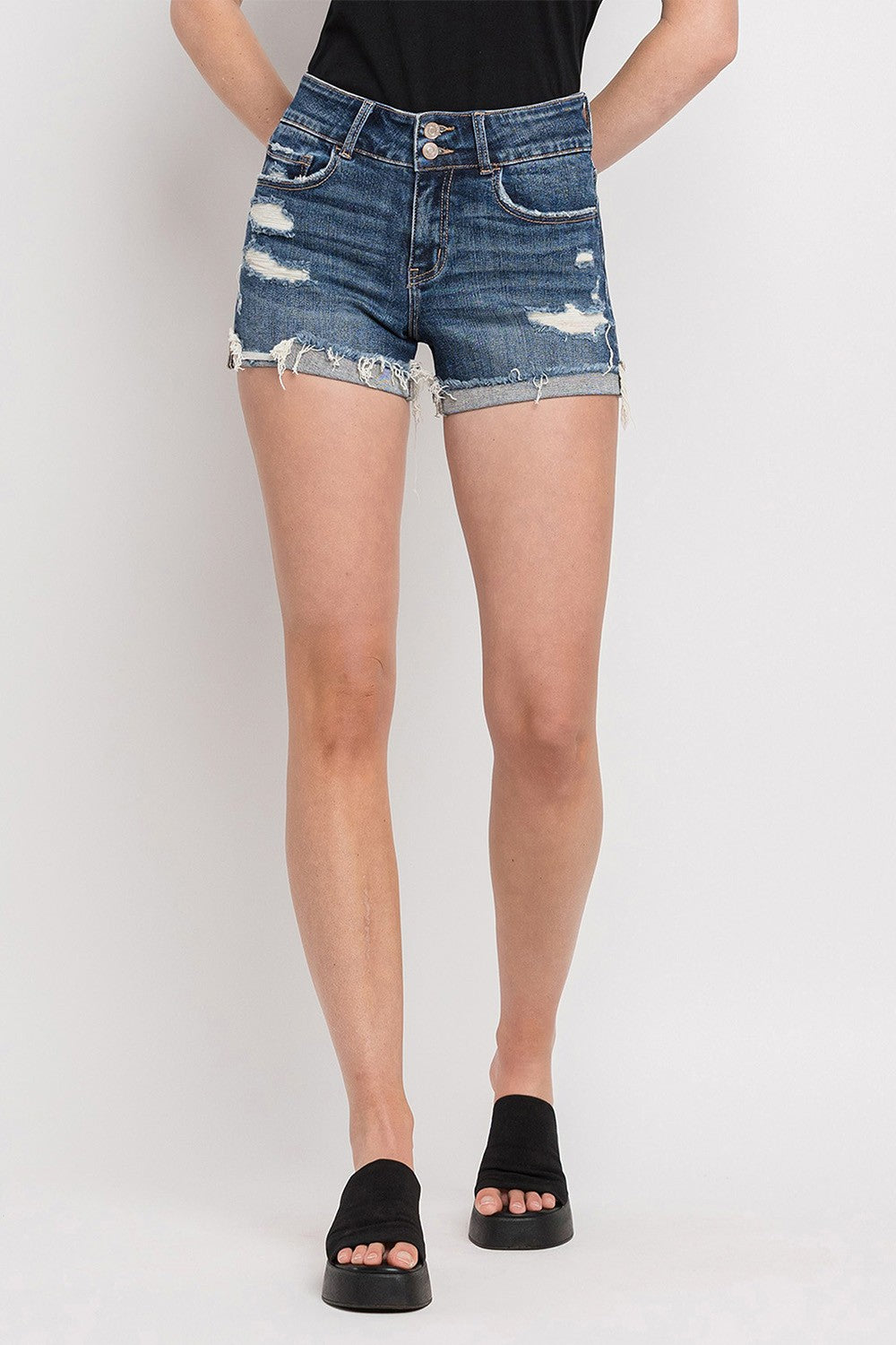 High Rise Double Button Distressed Short