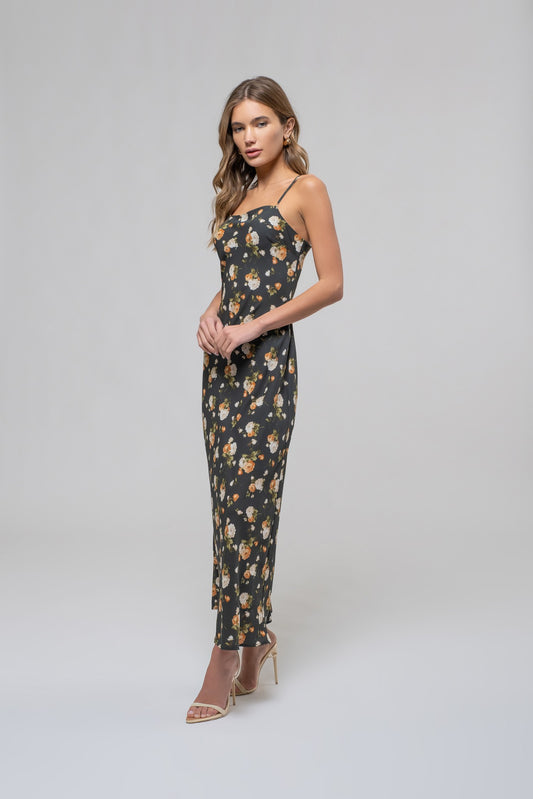 Green Floral Sweetheart Neck Midi Dress
