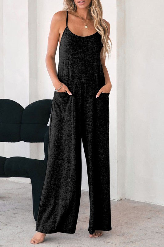 Black Loose Fit Wide Leg Jumpsuit w/ Pockets