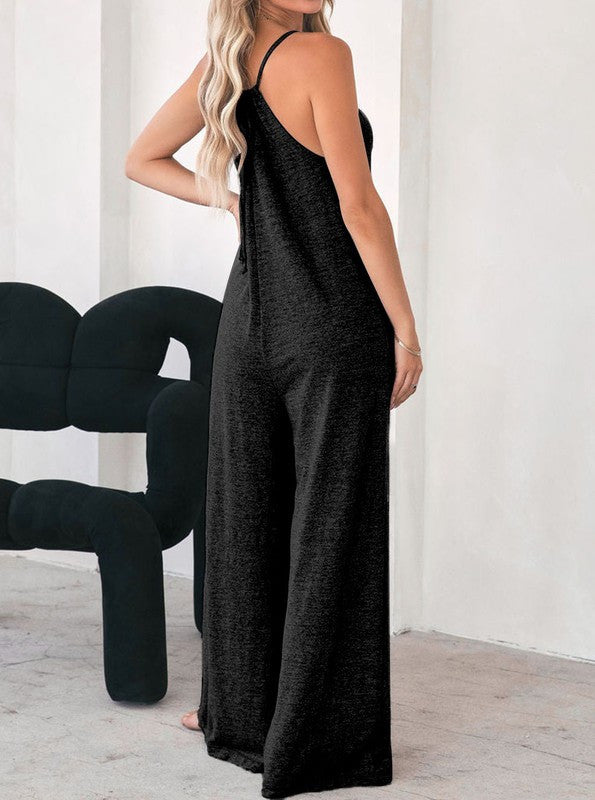 Black Loose Fit Wide Leg Jumpsuit w/ Pockets