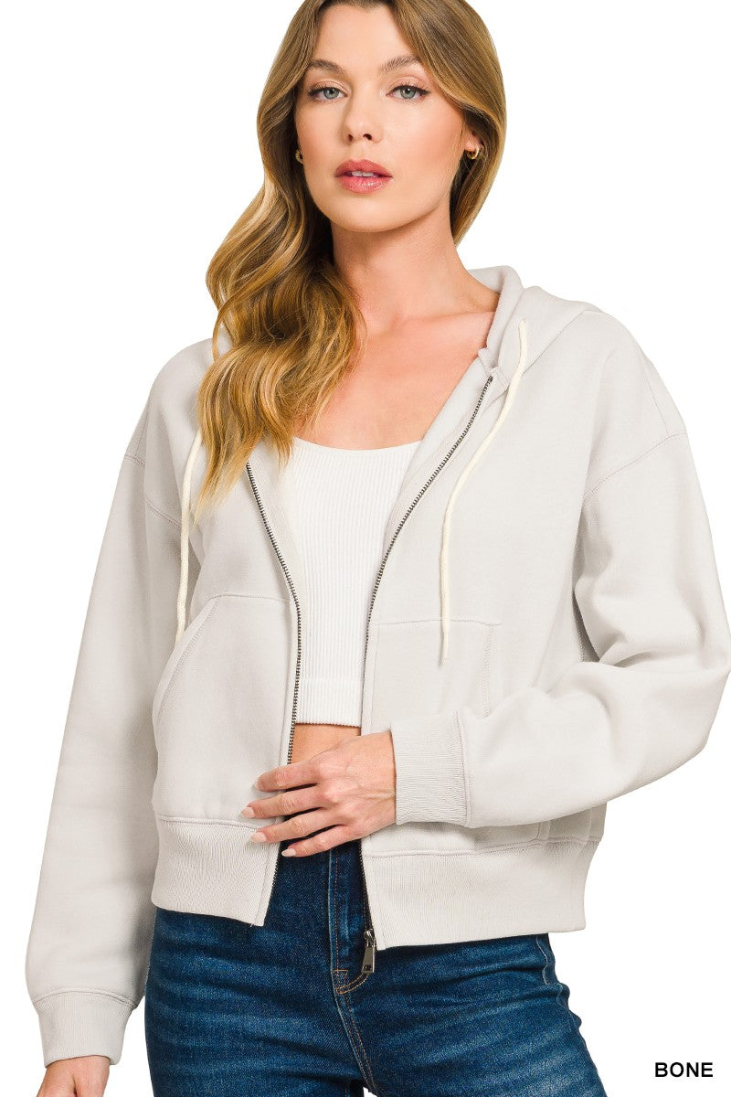 Fleece Cropped Zip-up Hoodie With Pockets