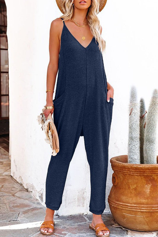 Navy Sleeveless V-Neck Pocketed Jumpsuit