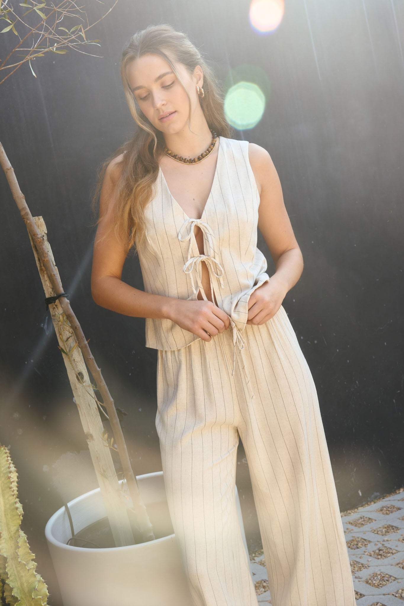 Oatmeal Pinstripe Vest with Front Tie