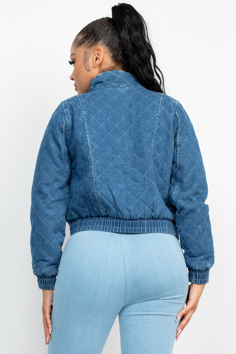 Mock Neck Quilted Denim Jacket