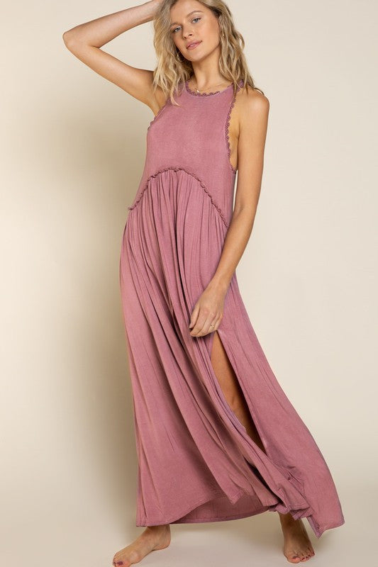 Burgundy Ruffle Maxi with Slit