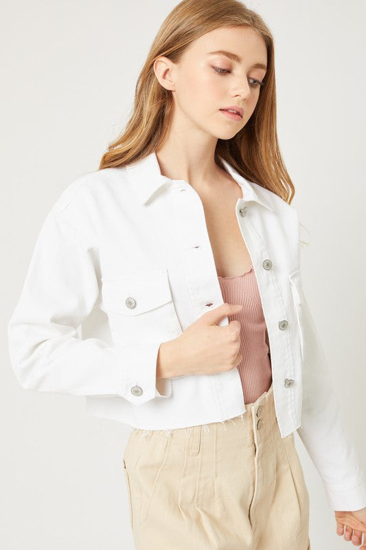 White Cropped Cargo Pocket Denim Jacket