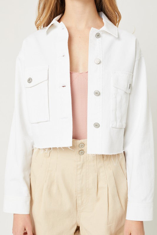 White Cropped Cargo Pocket Denim Jacket