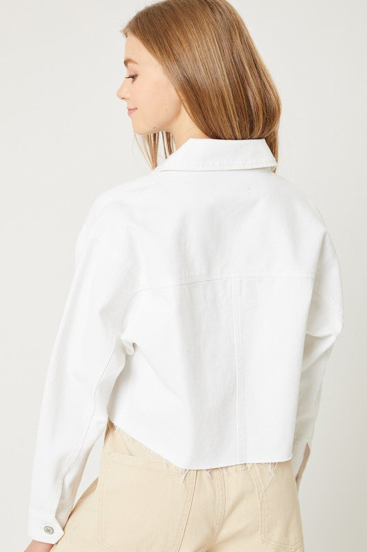 White Cropped Cargo Pocket Denim Jacket