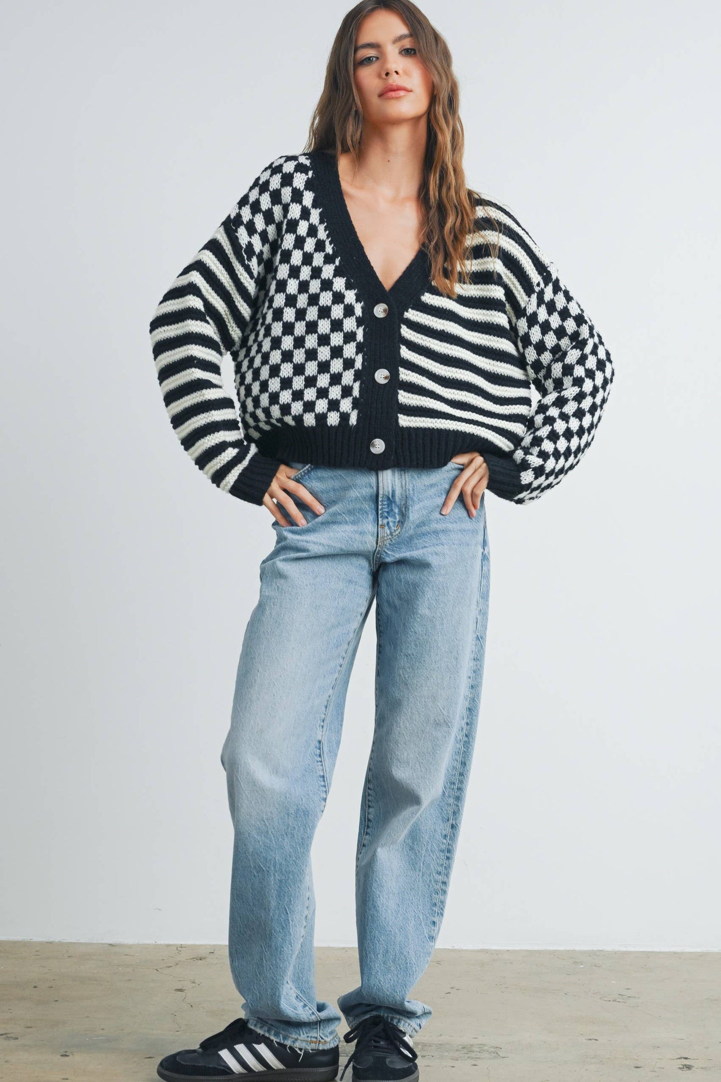 Oversized Button Down Checkered Stripe Cardigan