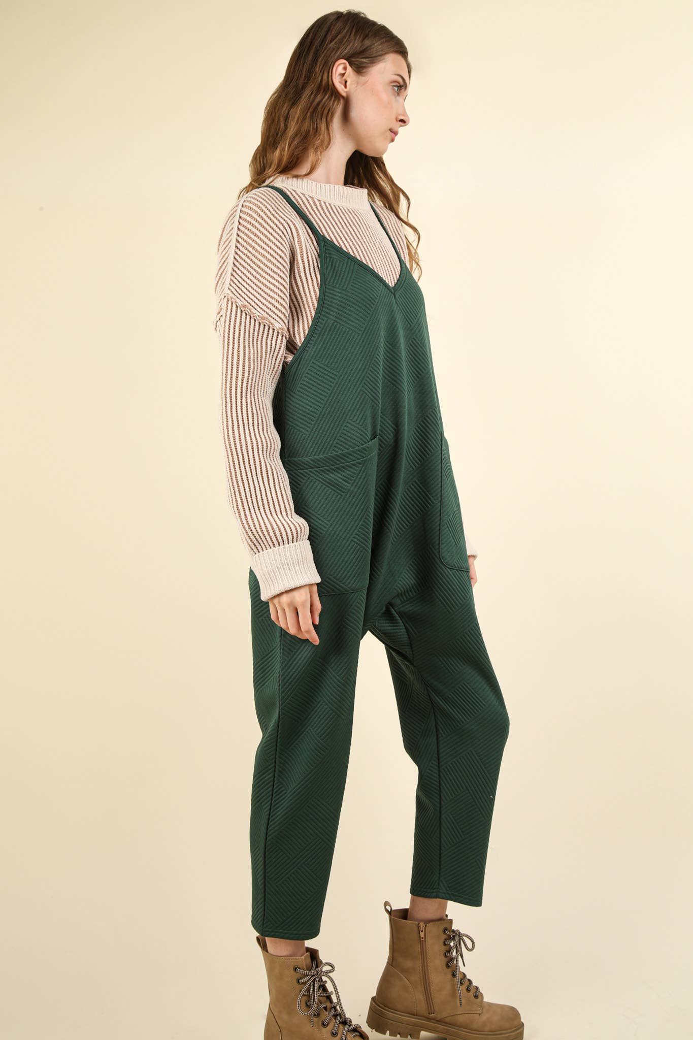 Quilted Loose Fit Casual Baggy Knit Jumpsuit: Olive