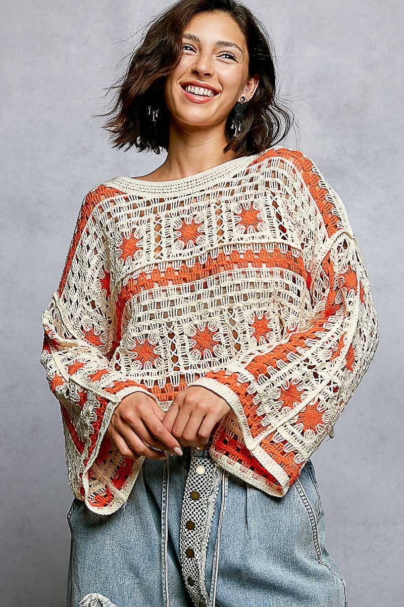 Long Sleeves Crochet Top- OS