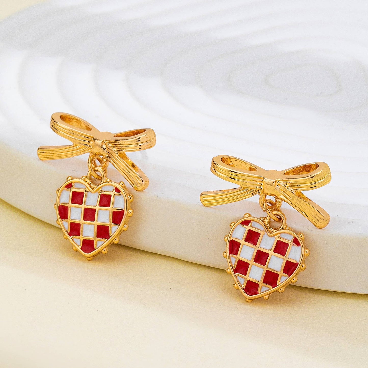 Checkered Heart Bow Drop Earrings