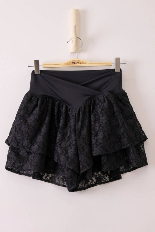 Black Double Layered Lace Skort