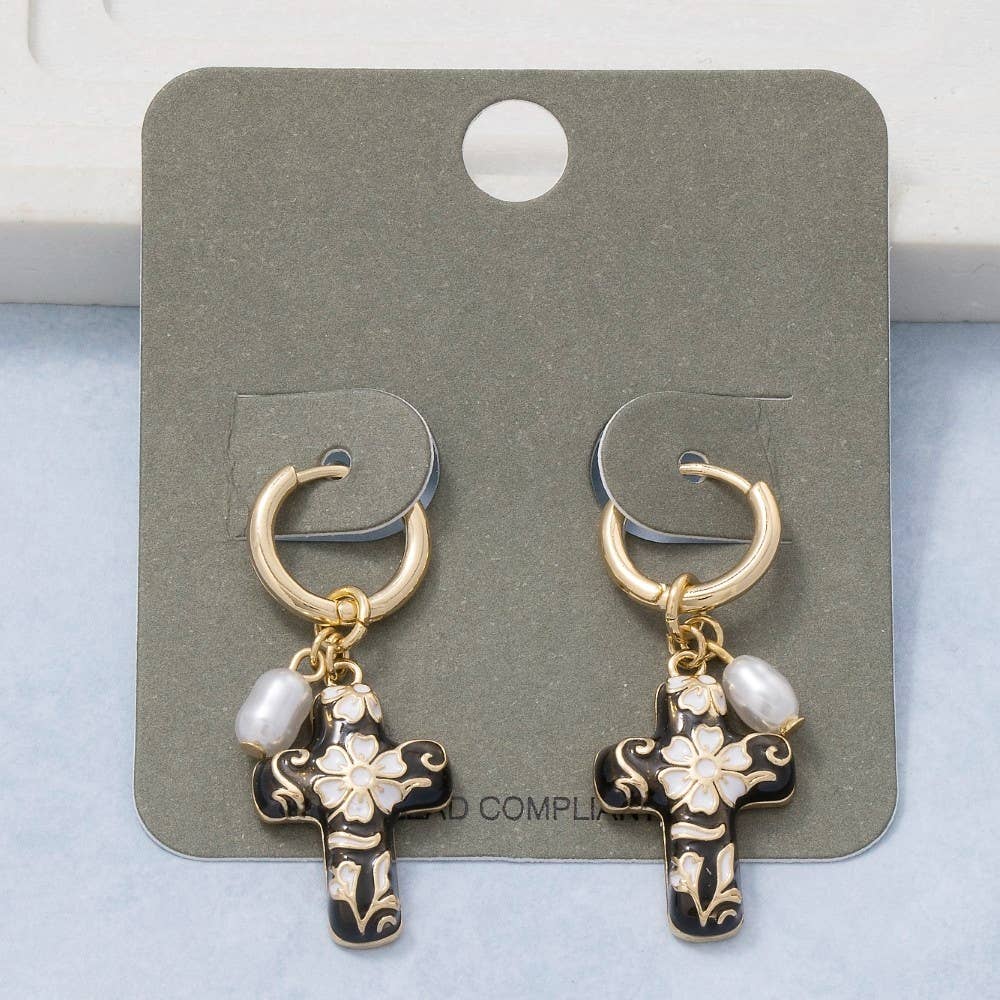 Ceramic Floral Cross And Pearl Charms Hoop Earrings
