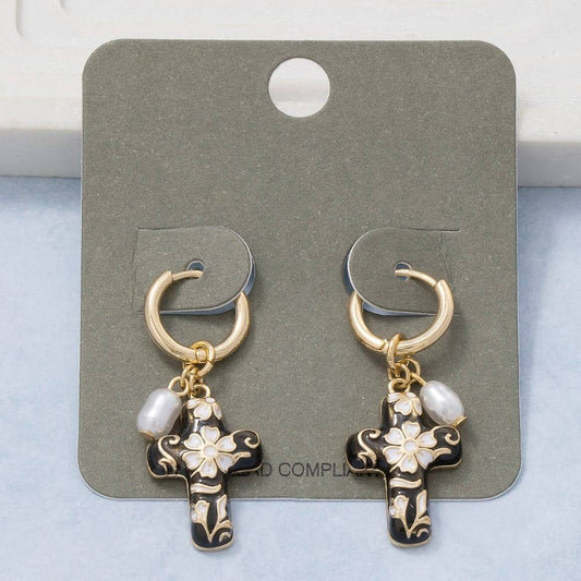 Ceramic Floral Cross And Pearl Charms Hoop Earrings