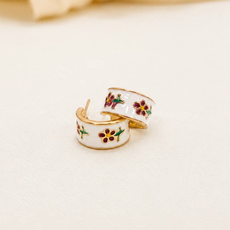 Garden Meadow Flower Enamel Huggie Hoop Earrings