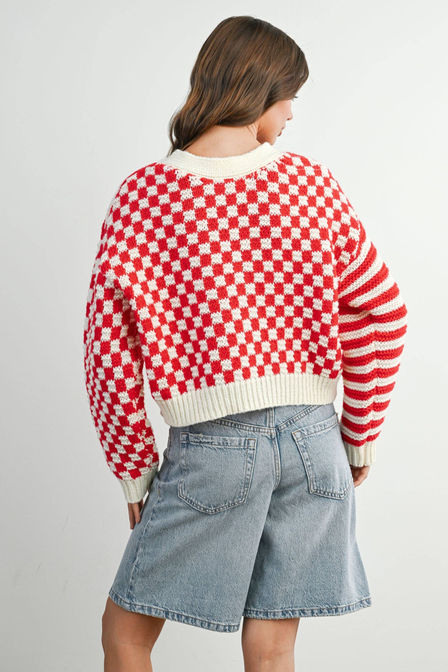 Oversized Button Down Checkered Stripe Cardigan