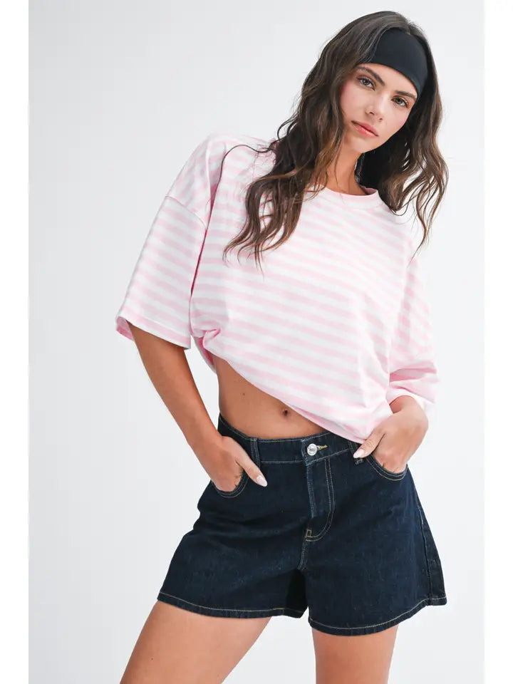 Oversized Stripe Boyfriend Tee- Oat