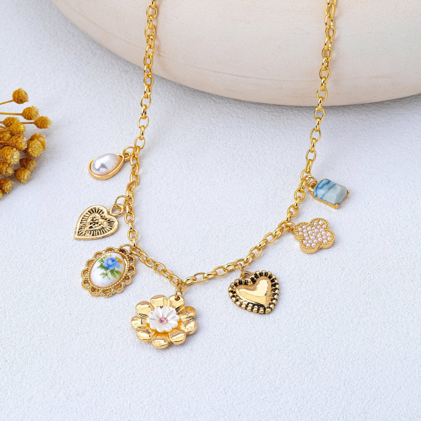 Vintage Heart Porcelain Multi Charm Necklace