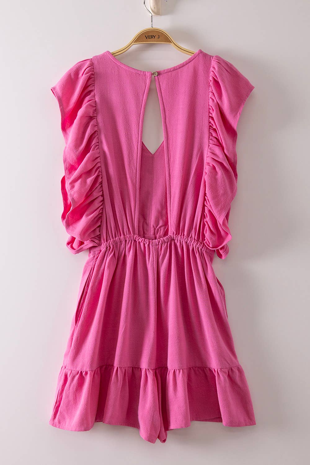 Back Cutout Detail Ruffled Sleeve Romper:Orange