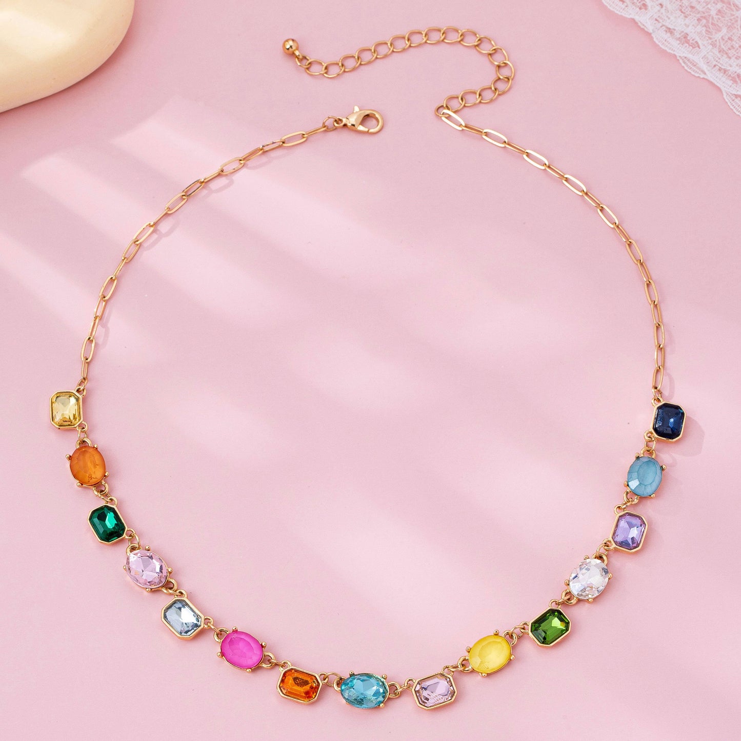 Multicolor Gemstone Link Necklace |  Gold