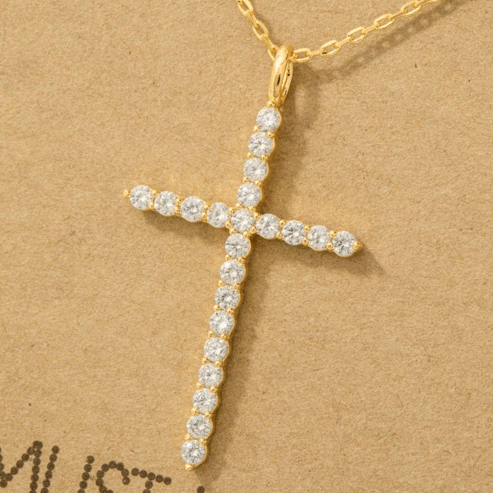 Metallic Pave Cross Pendant Chain Necklace