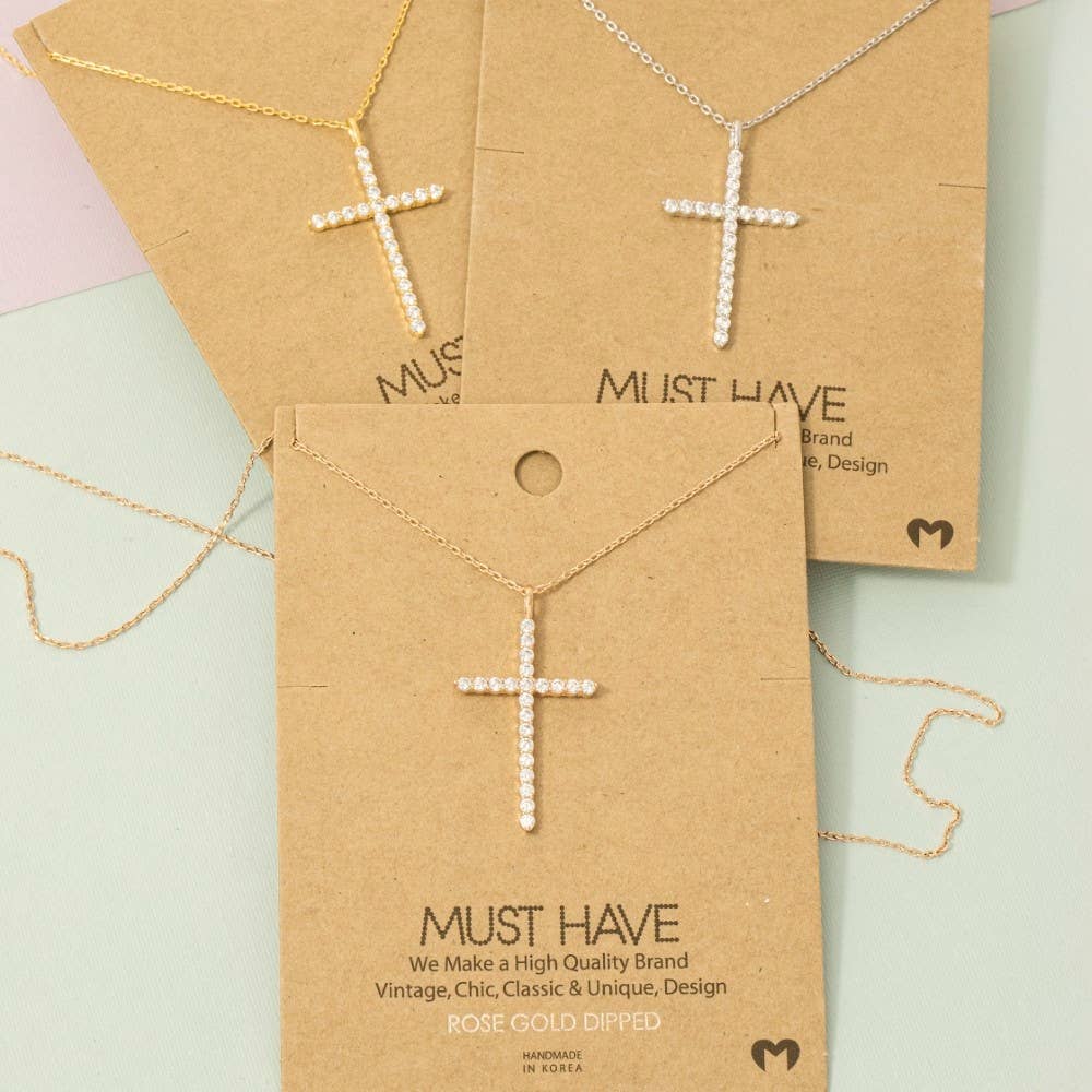 Metallic Pave Cross Pendant Chain Necklace