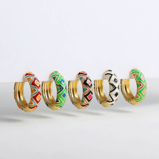 VINTAGE CLOISONNE AZTEC HUGGIE HOOP EARRINGS