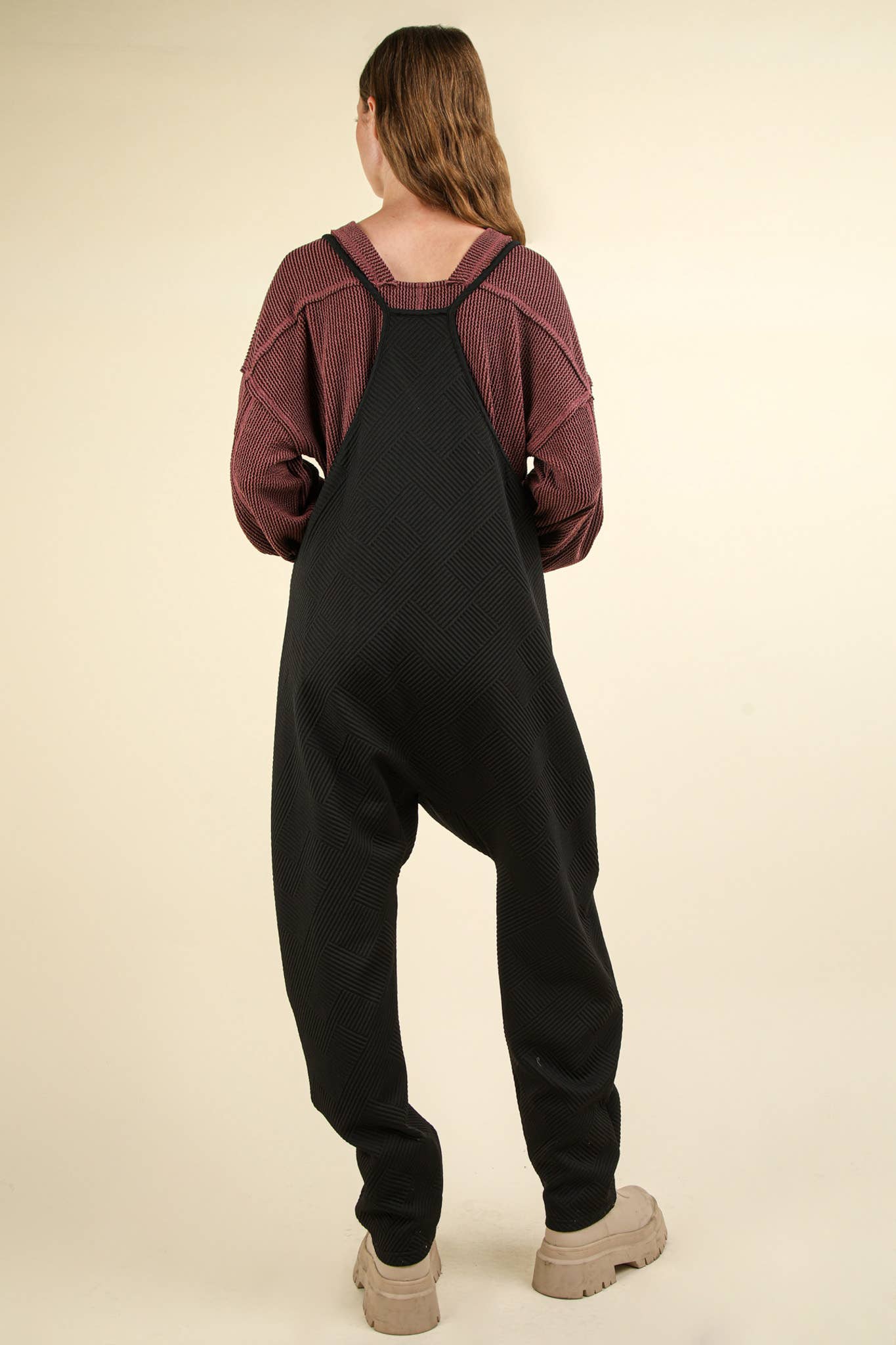 Quilted Loose Fit Casual Baggy Knit Jumpsuit: BLACK
