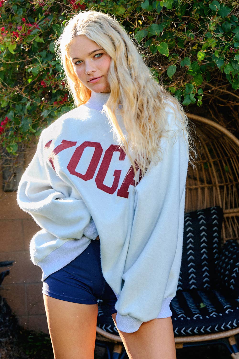 'PILATES & YOGA' Print Reversible Mockneck Sweatshirt