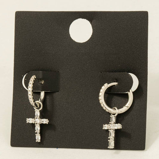 Gold Dipped Cz Baguette Cross Charm Hoop Earrings
