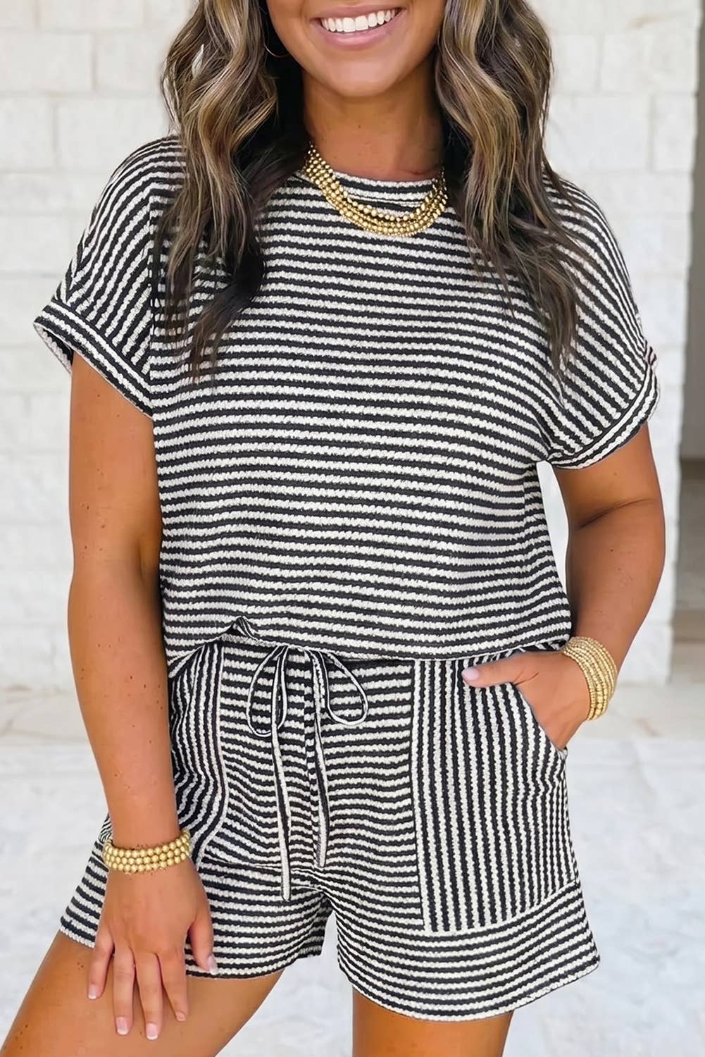 Striped Textured Knit Top and Short 2pc Set