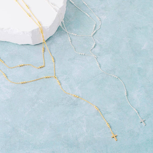 Dainty Layered Gold Mini Cross Pendant Y Necklace