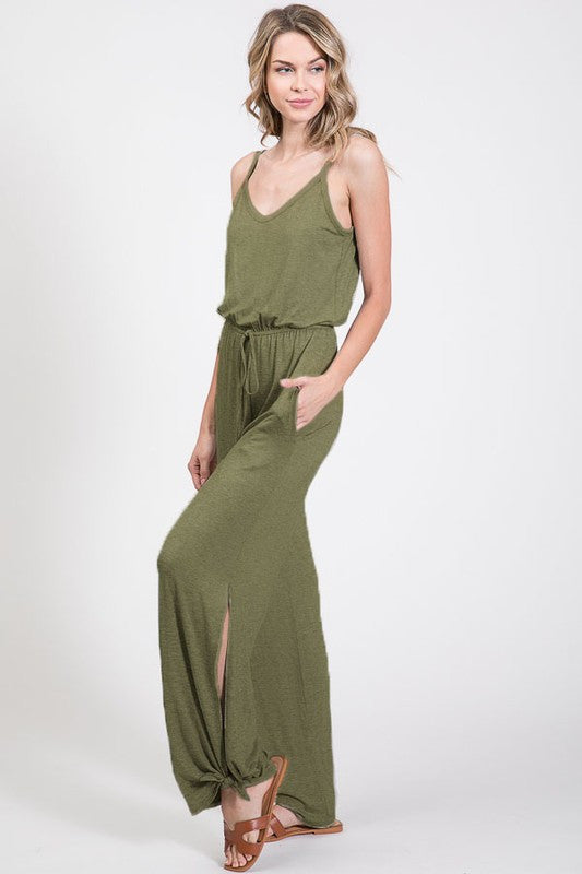 Olive Relaxed Jumpsuit with Ankle Tie