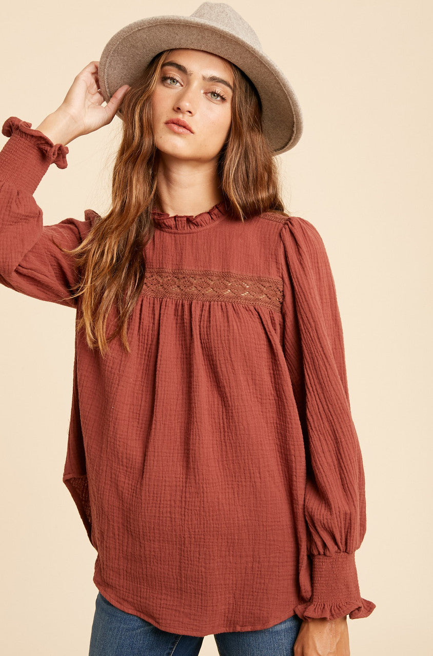 Terracotta Mock Neck Top with Lace