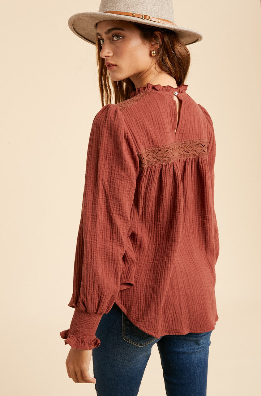 Terracotta Mock Neck Top with Lace
