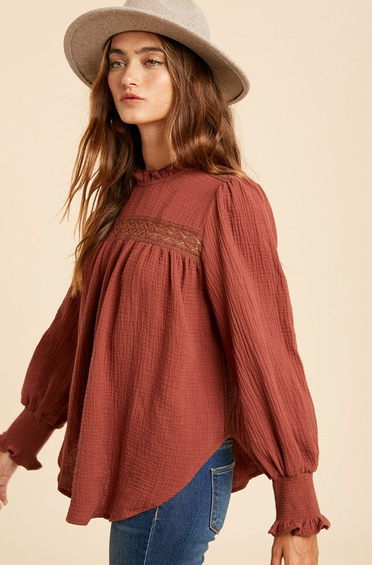 Terracotta Mock Neck Top with Lace