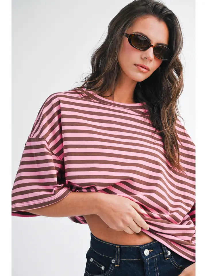 Oversized Stripe Boyfriend Tee- Chocolate