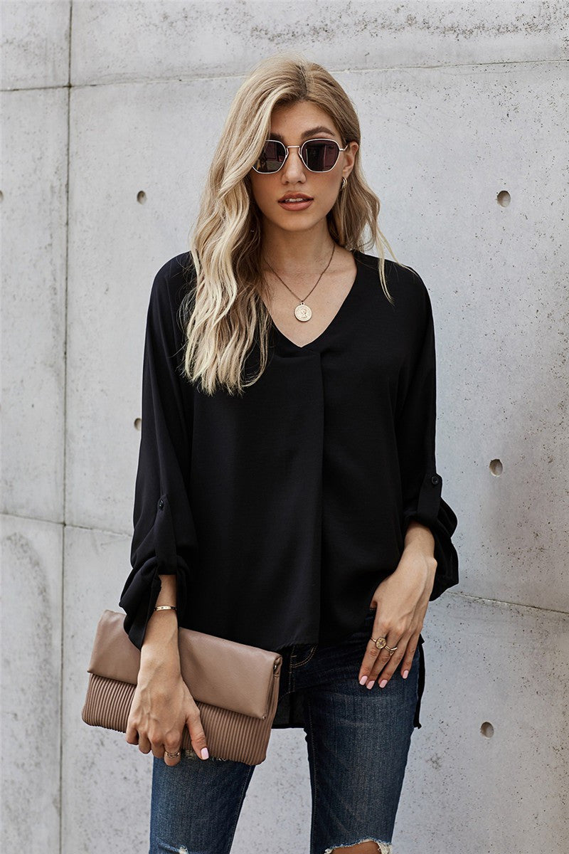 Black V-Neck 3/4 Sleeve Blouse