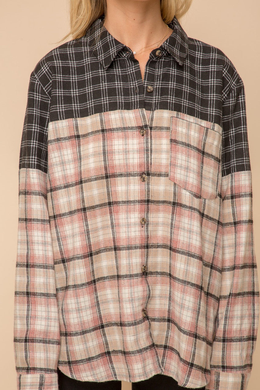 Black & Taupe Color Block Plaid Top