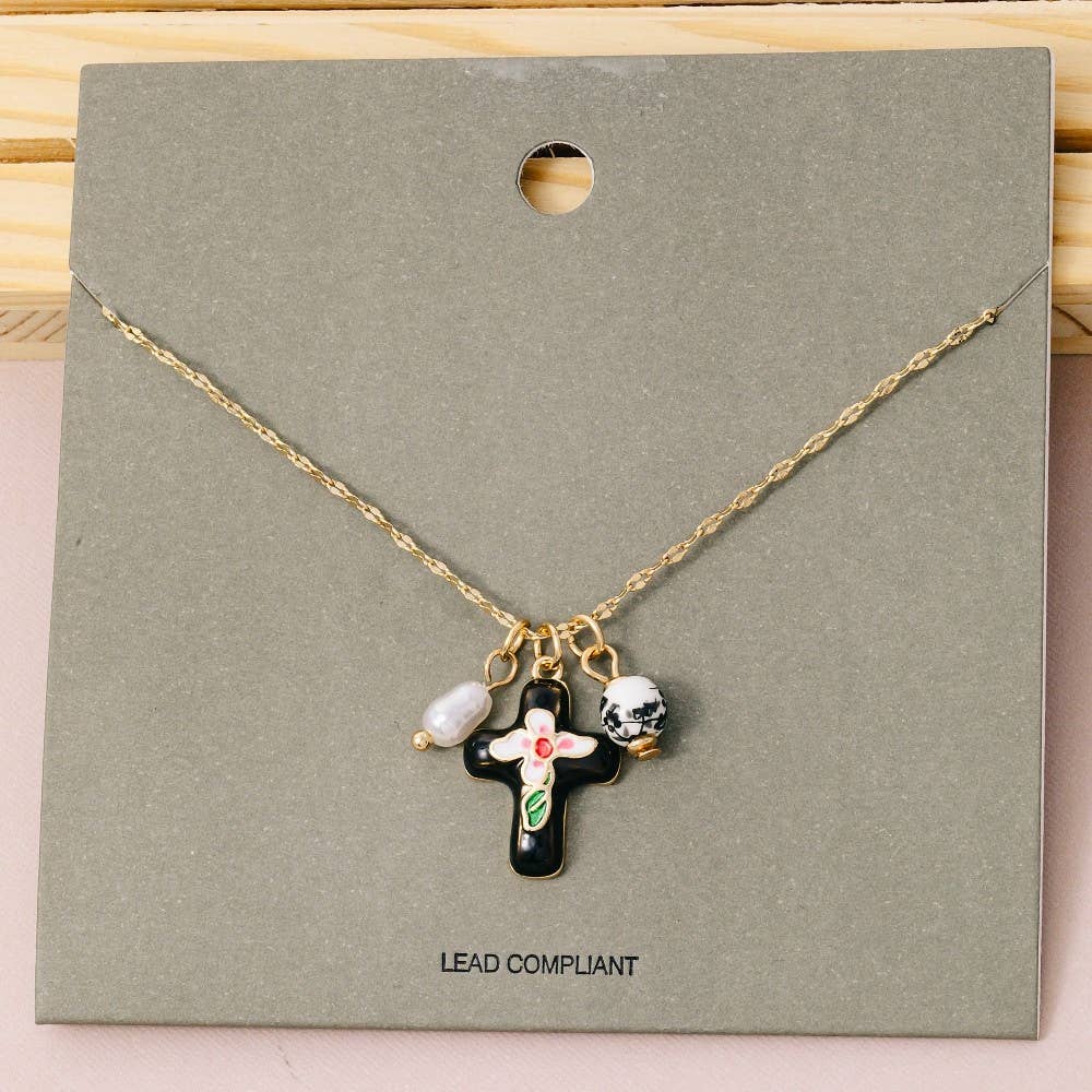 Enamel Cross And Ceramic Floral Charms Chain Necklace